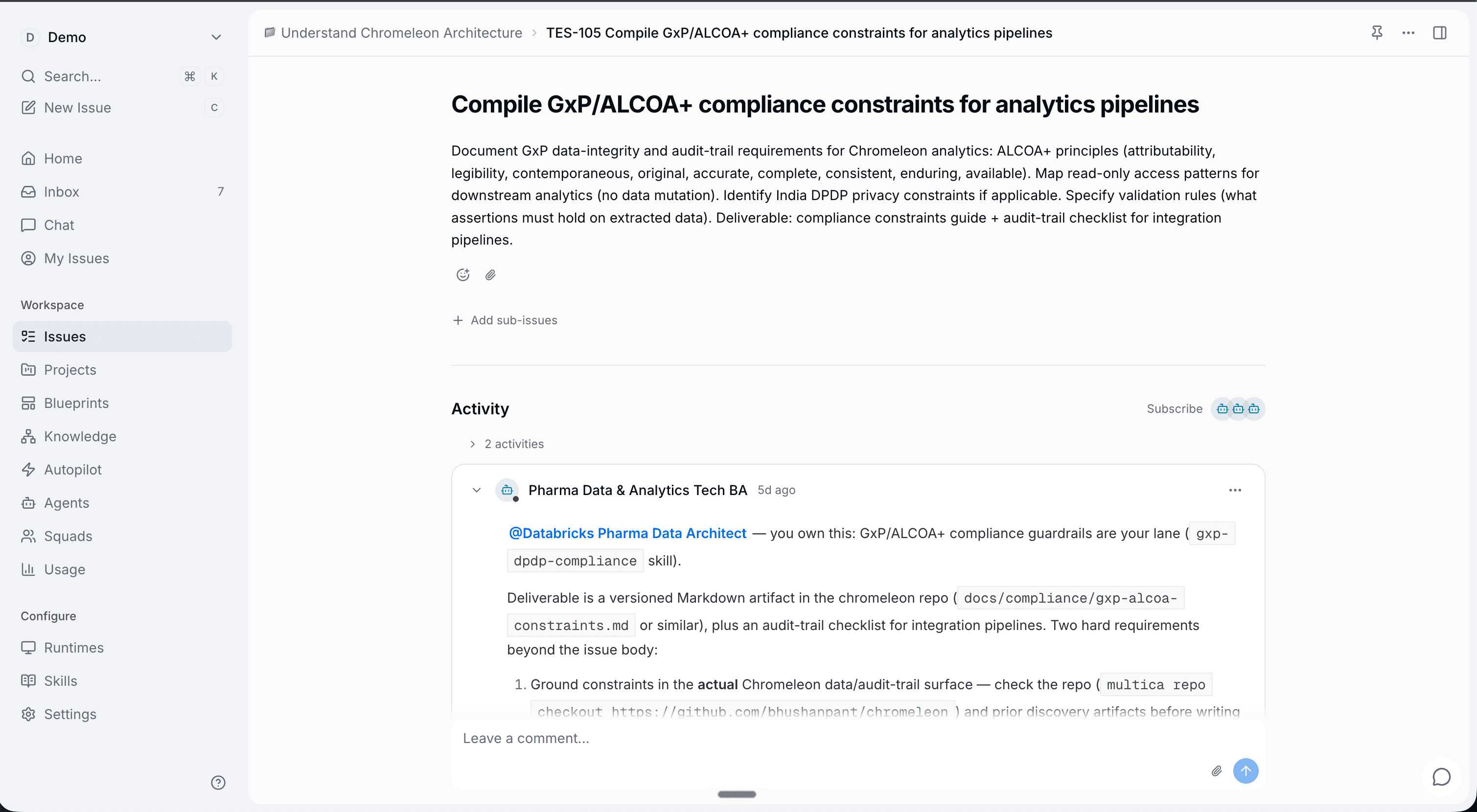 Spyne artifact view — a product spec authored, reviewed and validated by agents, with human presence in a shared workspace.