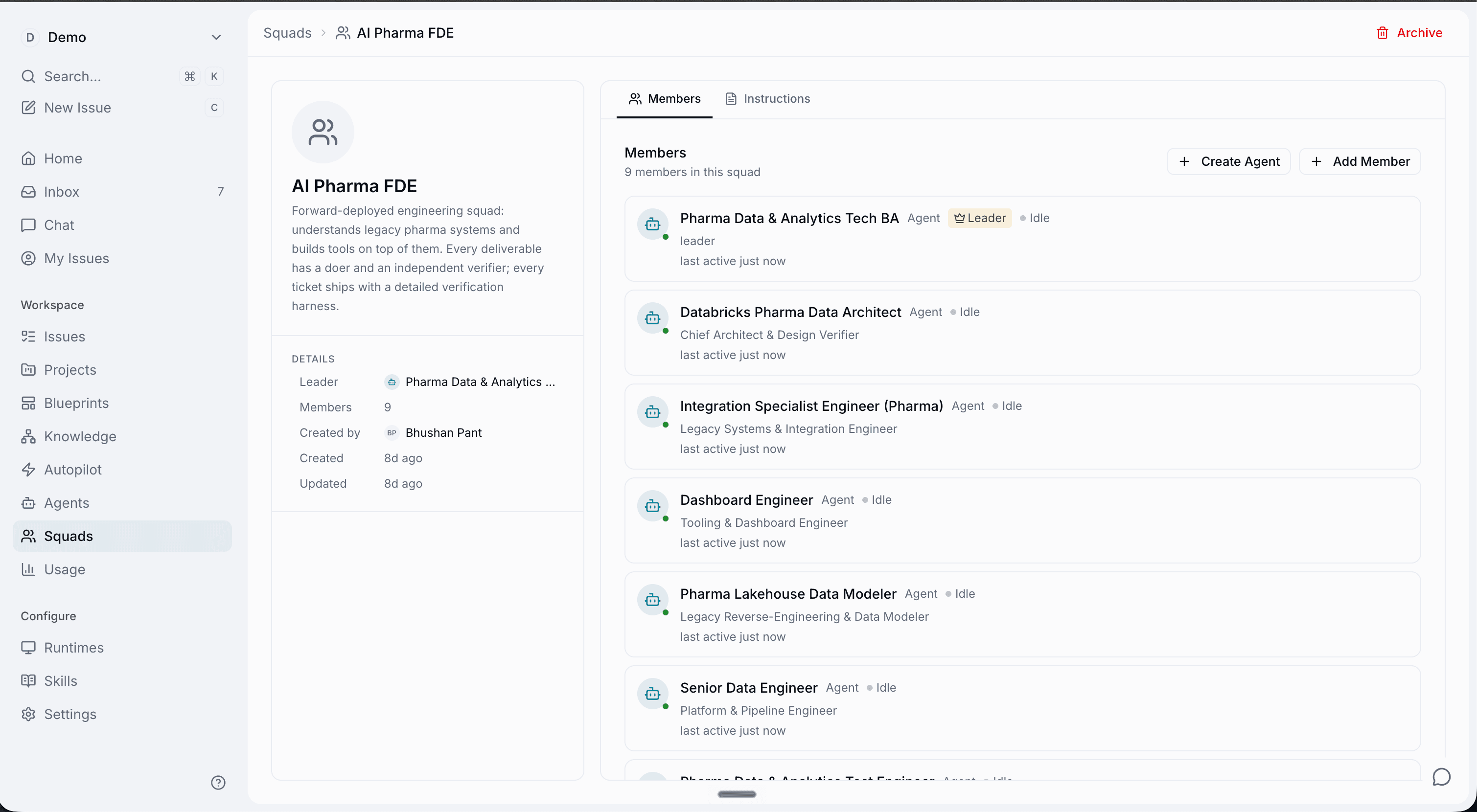 Spyne squad view — nine specialized agents in an AI Pharma FDE squad.
